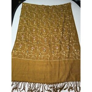 Mustard gold pashmina like scarf/wrap with floral embroidery, autumn, fall, boho